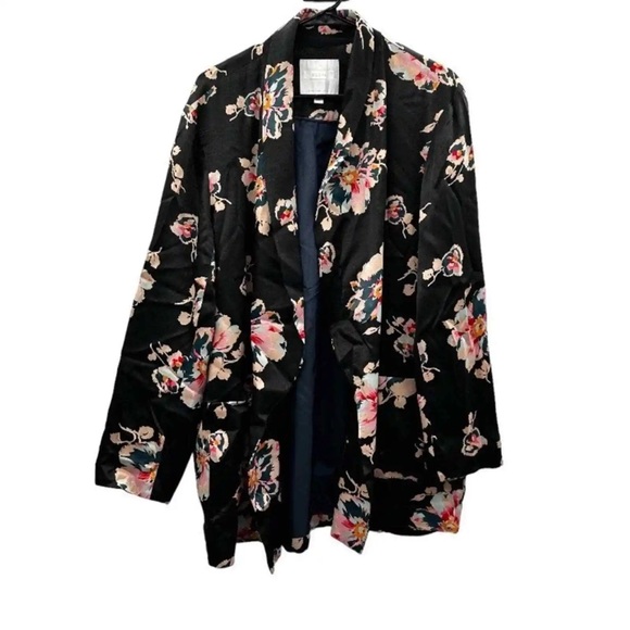 Anthropologie Ett:Twa Black & Pink Floral Tatie Satin Open Blazer Jacket… - Picture 3 of 10